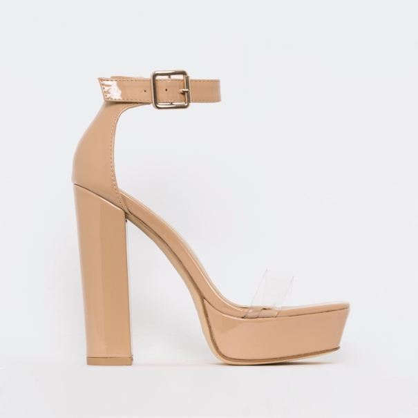 SIMMI SHOES / MILLY NUDE PATENT CLEAR PLATFORM BLOCK HEELS