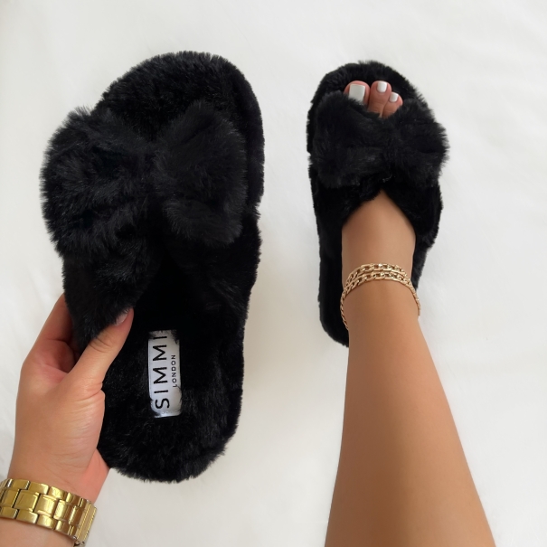 Mimmi Black Fluffy Bow Slippers | SIMMI London
