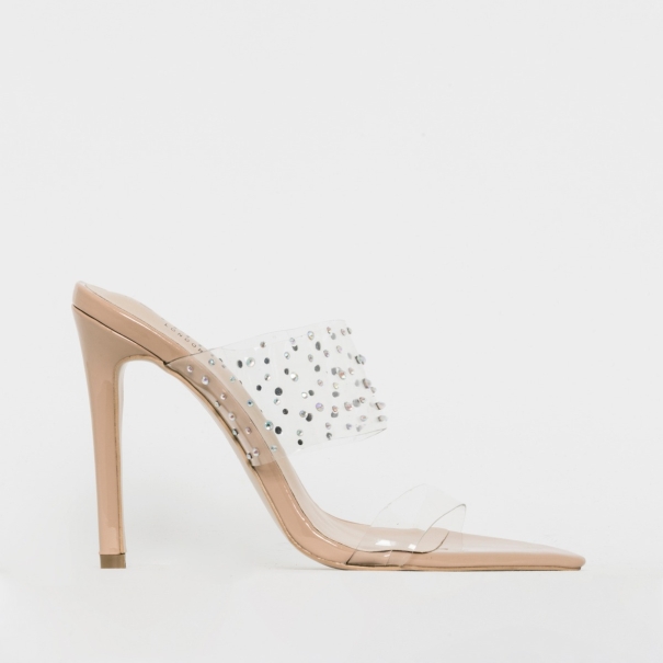Mylee Nude Patent Clear Diamante Mules