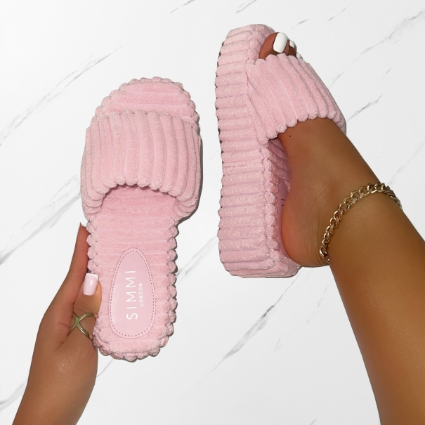 Mohala Baby Pink Towelling Flatform Slides | SIMMI London