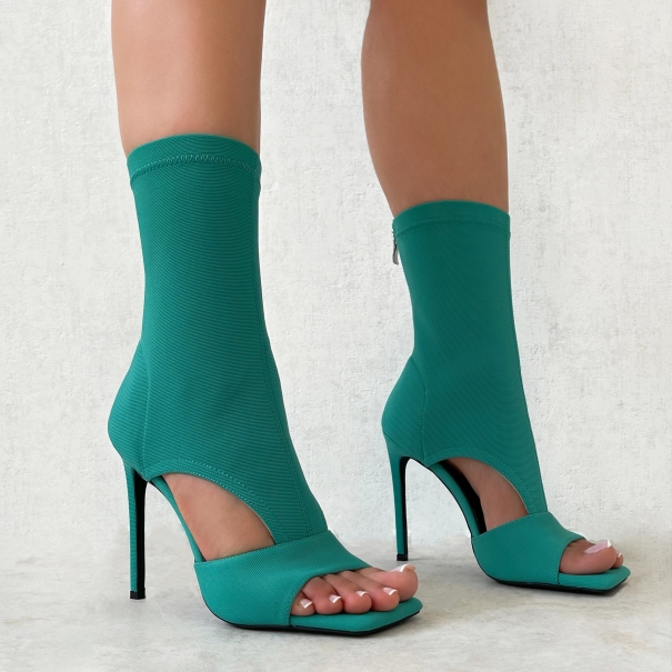 SIMMI Shoes / Amanda Green Lycra Cut Out Peep Toe Heeled Boots