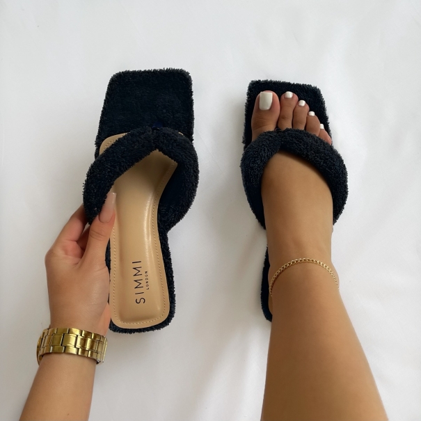 SIMMI Shoes / Monaco Black Towel Toe Post Flat Sandals