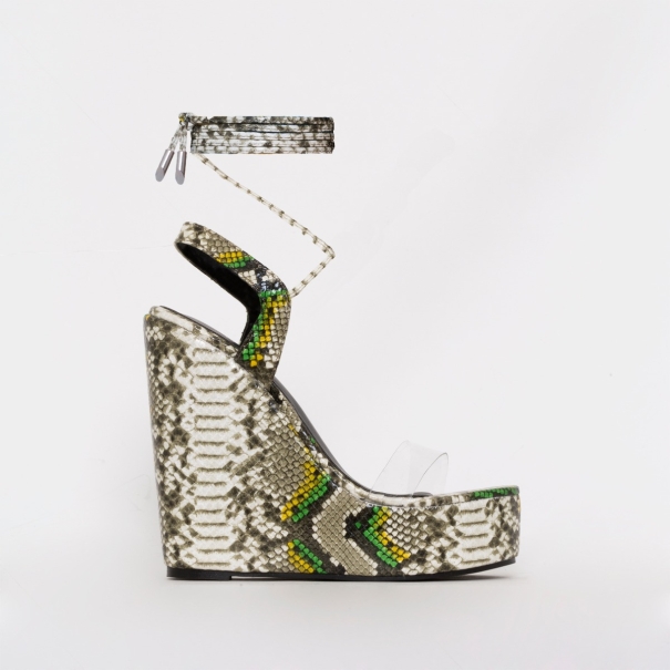 SIMMI SHOES / VIOLA GREEN MULTI SNAKE PRINT CLEAR TIE UP WEDGES