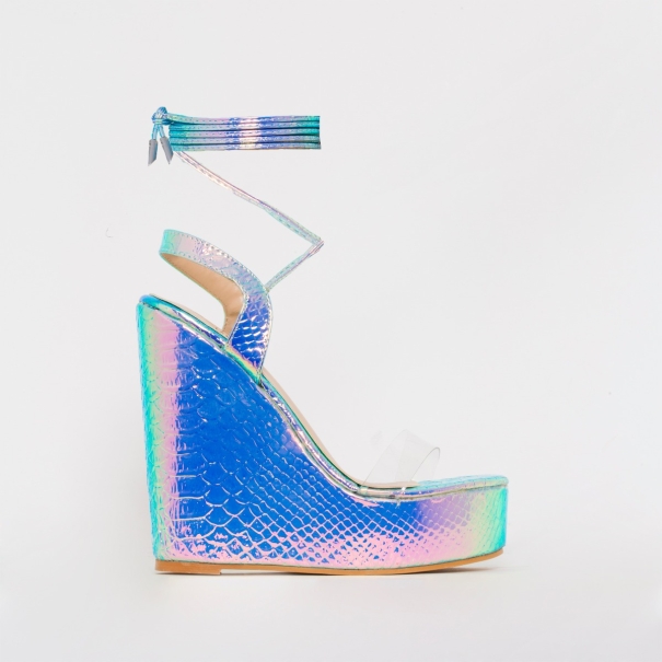 Viola Silver Iridescent Snake Print Clear Tie Up Wedges