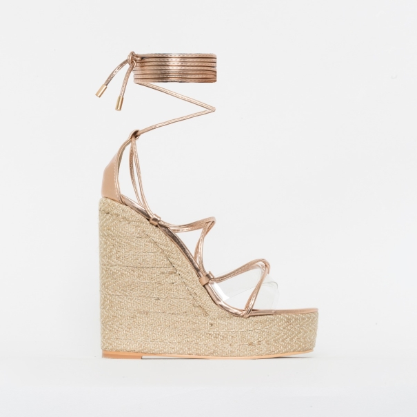 Misty Rose Gold Clear Lace Up Espadrille Wedges