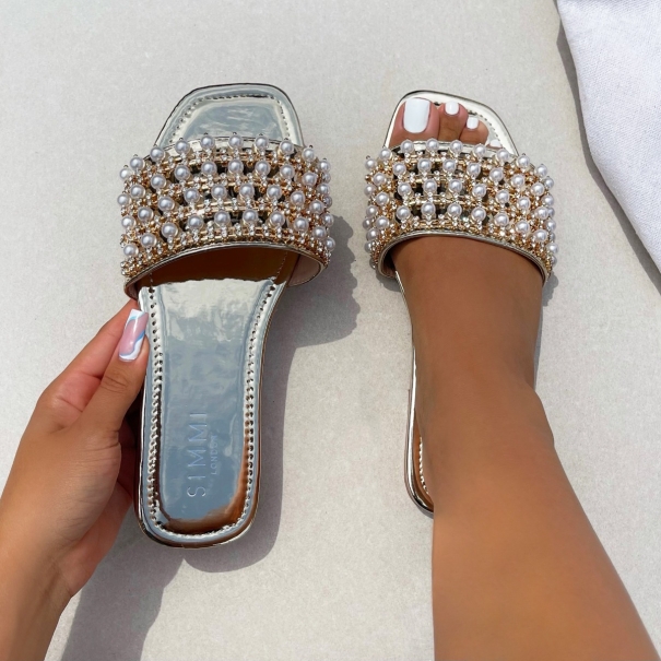 Mylah Light Gold Mirror Pearl Diamante Detail Flat Sandals | SIMMI London