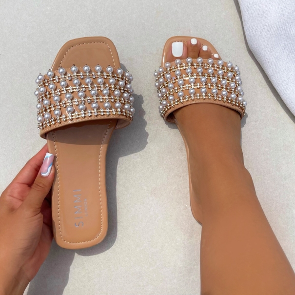 Mylah Nude Patent Pearl Diamante Detail Flat Sandals | SIMMI London