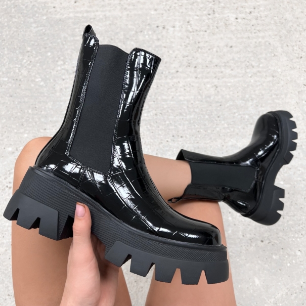 Reece Black Faux Patent Croc Print Chunky Ankle Boots | SIMMI London