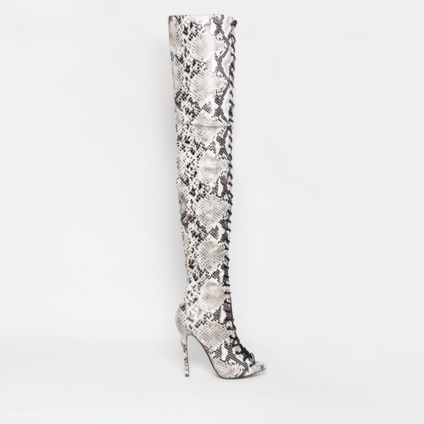 Mikaela Black and White Snake Lace Up Stiletto Thigh High Boots