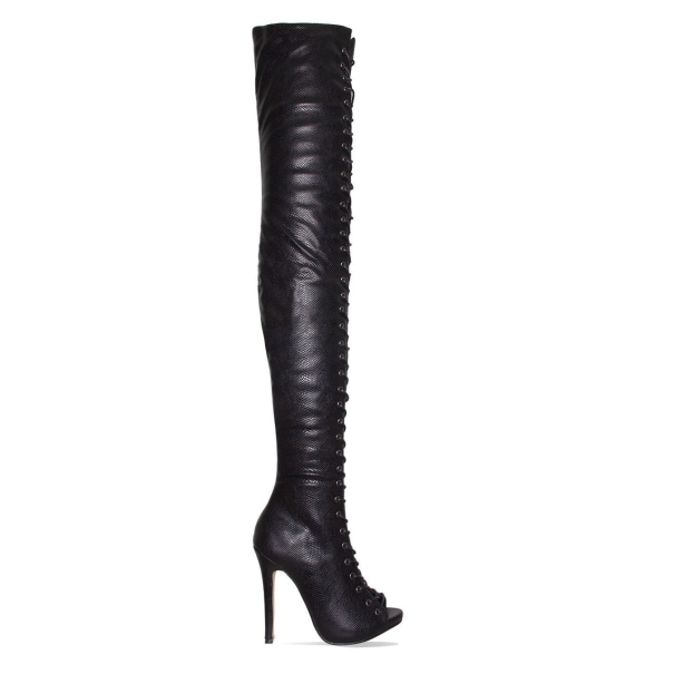 Mikaela Black Snake Lace Up Stiletto Thigh High Boots