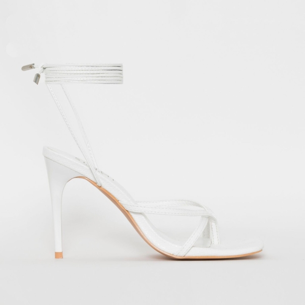 SIMMI SHOES / KILLY WHITE SNAKE PRINT LACE UP STILETTO HEELS