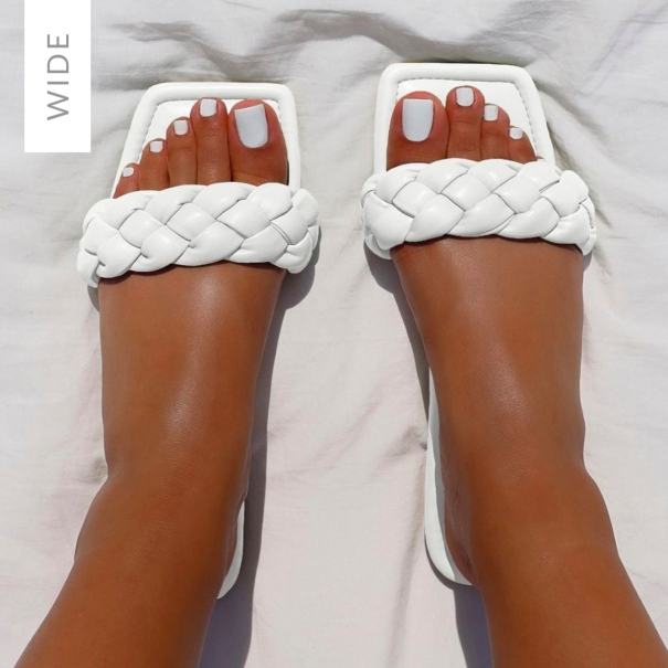 Neala Wide Fit White Woven Square Toe Flat Sandals | SIMMI London