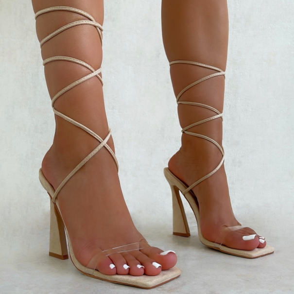 Nephelie Clear Nude Suedette Lace Up High Heels | SIMMI London