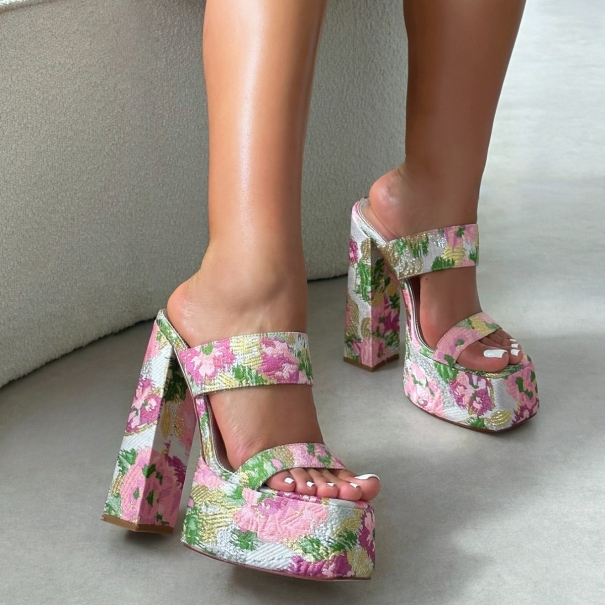 Freyja Pink Floral Jacquard Platform Heeled Sandals | SIMMI London
