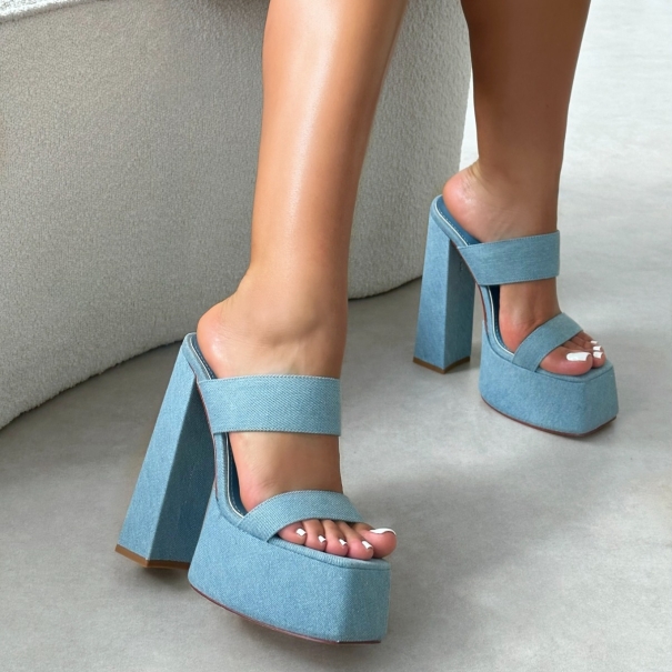Freyja Washed Denim Platform Heeled Sandals | SIMMI London