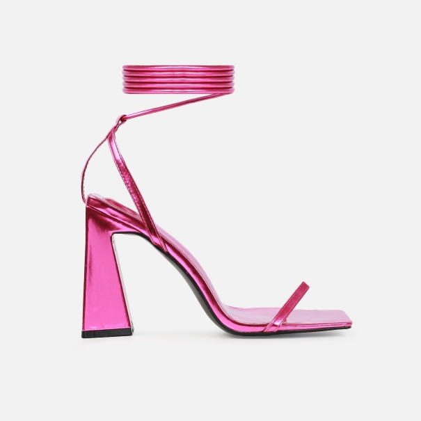 Nydia Pink Metallic Lace Up Block Heels | SIMMI London