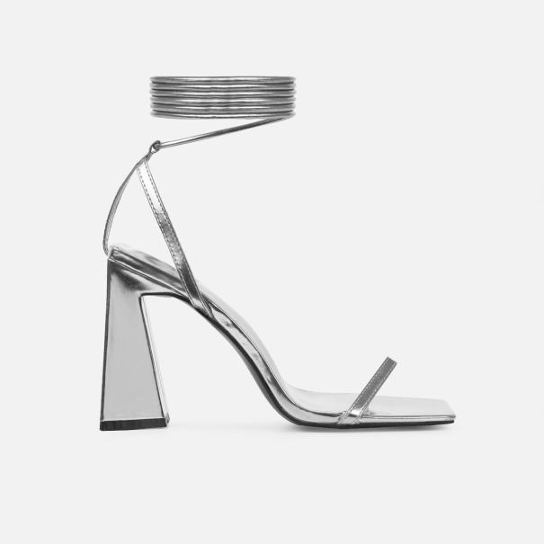 Nydia Silver Mirror Lace Up Block Heels | SIMMI London