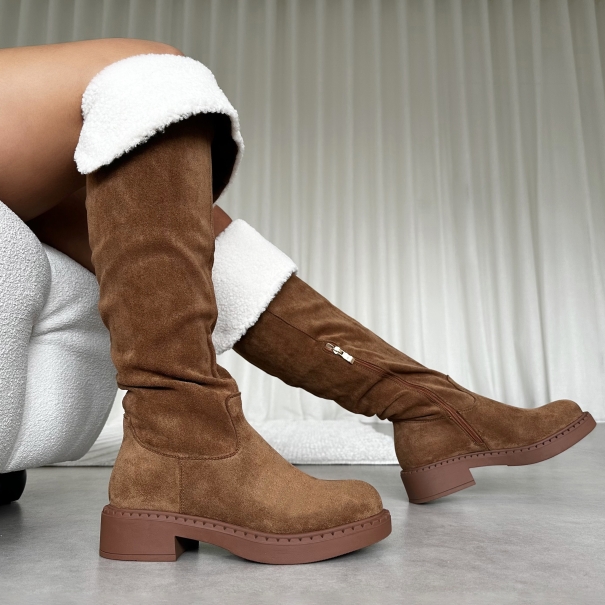 Obama Tan Faux Suede Fold Over Shearling Knee Boots | SIMMI London