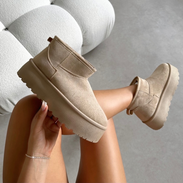 Olly Beige Faux Suede Platform Boots | SIMMI London