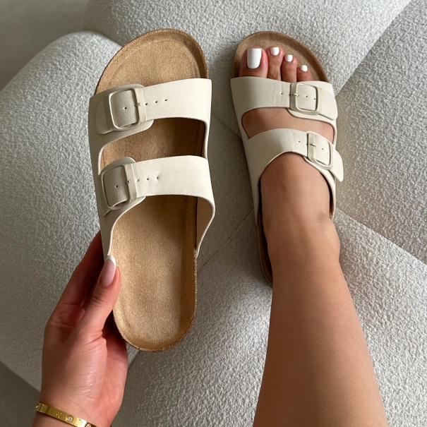 Olsen Cream Double Strap Flat Sandals | SIMMI London