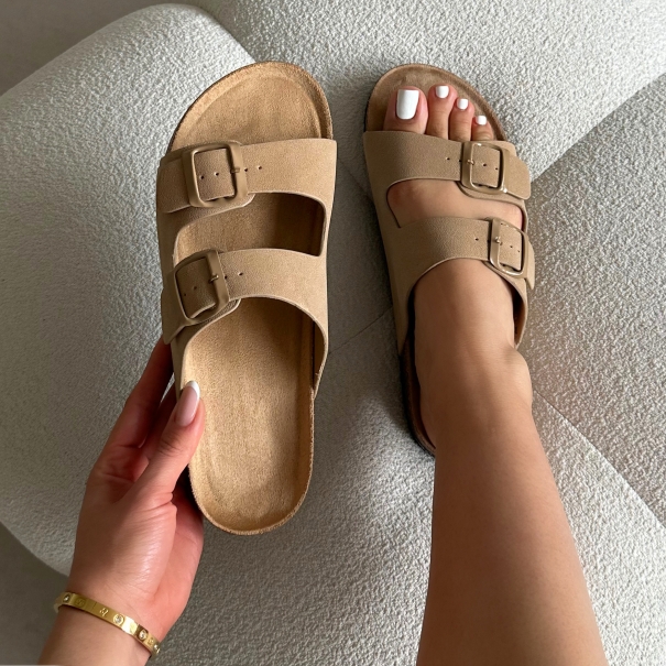 Olsen Taupe Double Strap Flat Sandals | SIMMI London