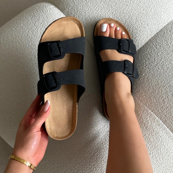 Olsen Black Double Strap Flat Sandals | SIMMI London