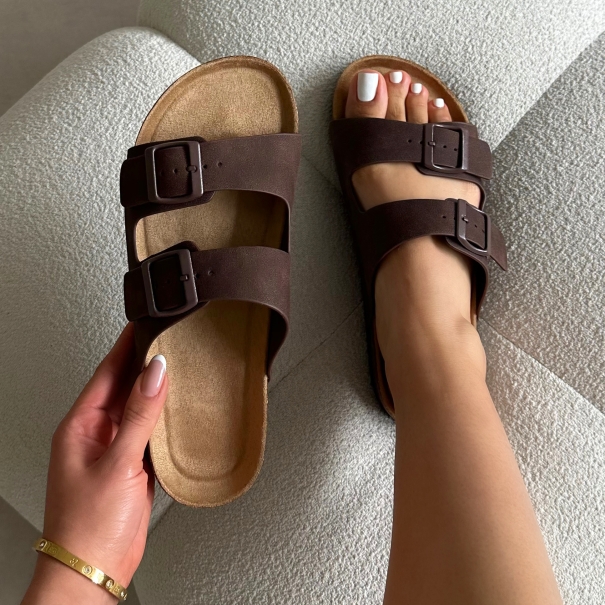 Olsen Chocolate Double Strap Flat Sandals | SIMMI London