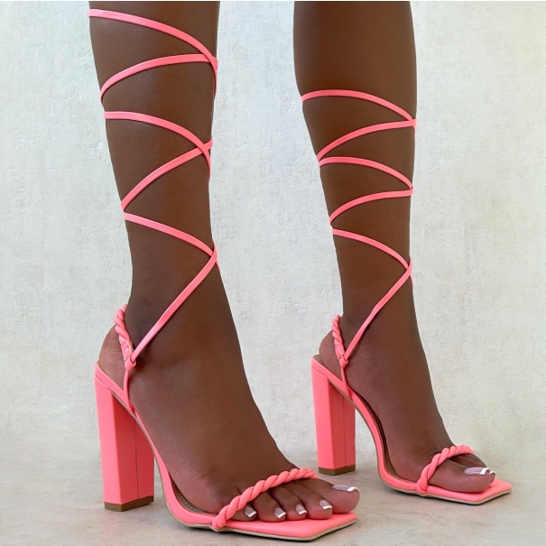 Oriel Bright Pink Twist Strap Lace Up Block Heels | SIMMI London