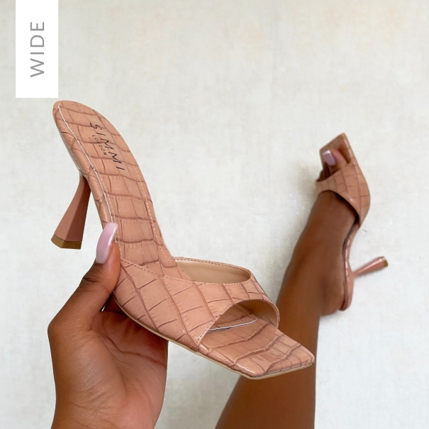 Paislee Wide Fit Nude Patent Faux Croc Print Mid Heel Mules | SIMMI London