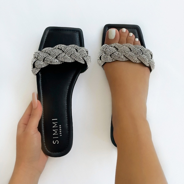 Pearl Black Woven Diamante Strap Flat Sandals | SIMMI London