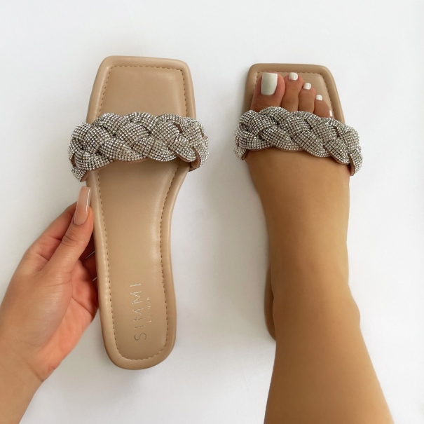 Pearl Nude Woven Diamante Strap Flat Sandals | SIMMI London