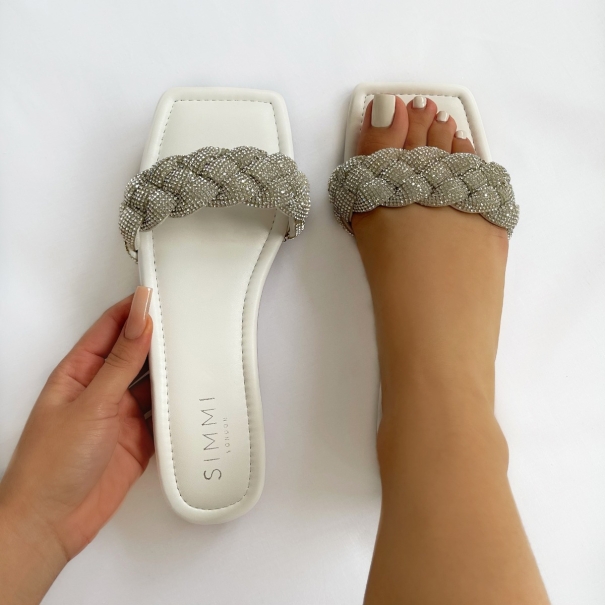 Pearl White Woven Diamante Strap Flat Sandals | SIMMI London