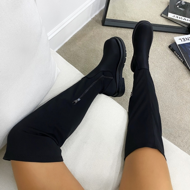 SIMMI SHOES / Perry Black Lycra Chunky Over The Knee Boots