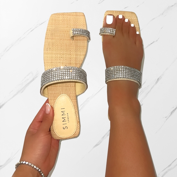 Petula Natural Raffia Diamante Toe Loop Flat Sandals | SIMMI London