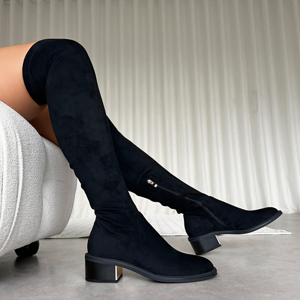 Quincey Black Faux Suede Over The Knee Boots | SIMMI London