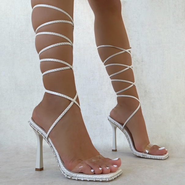 SIMMI Shoes / Saylor White Faux Snake Print Diamante Lace Up Heels