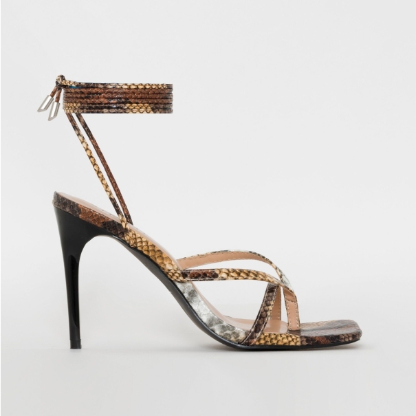 SIMMI SHOES / KILLY BEIGE MULTI SNAKE PRINT LACE UP STILETTO HEELS
