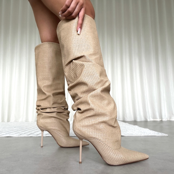 Rami Beige Woven Effect Ruched Stiletto Knee High Boots | SIMMI London
