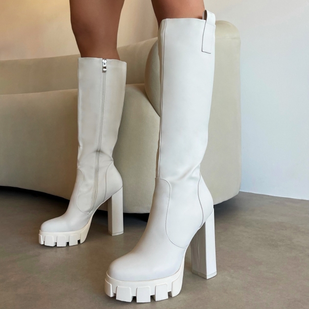 Rebeca Stone Platform Block Heel Calf Length Boots | SIMMI London