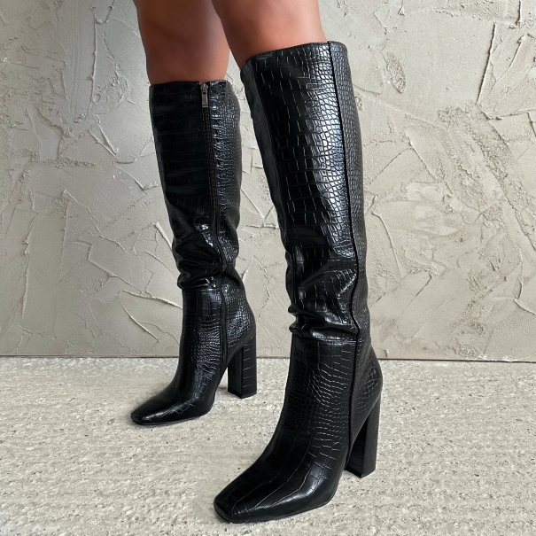 Rozlyn Black Faux Croc Print Block Heel Knee High Boots | SIMMI London