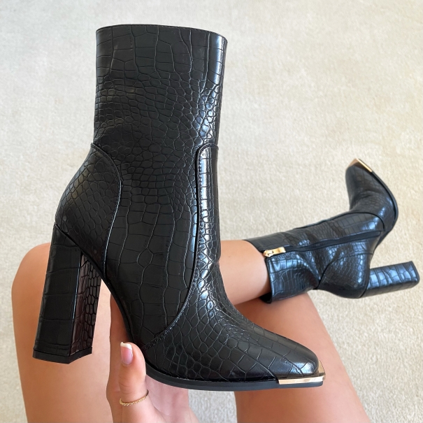 Raelynn Black Faux Croc Print Metal Toe Cap Ankle Boots | SIMMI London