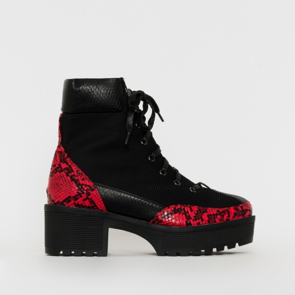 Karmen Black Red Snake Print Lace Up Hiking Ankle Boots