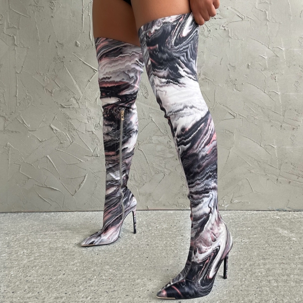 Reuben Black Marble Print Pointed Toe Thigh High Boots | SIMMI London