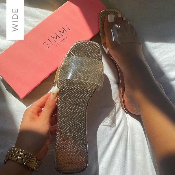 SIMMI SHOES / RHIANNE WIDE FIT ROSE GOLD SNAKE PRINT CLEAR SLIDERS
