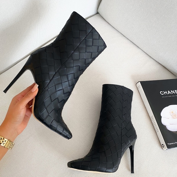 SIMMI SHOES / Clermont Twins Rider Black Woven Stiletto Ankle Boots