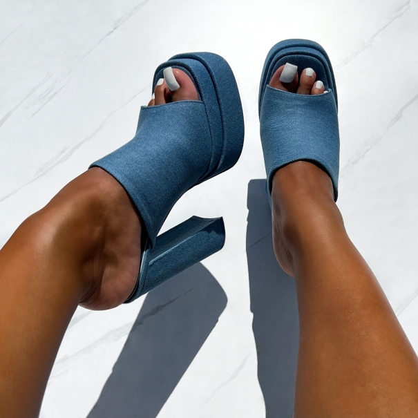 Roberta Denim Double Platform Block Heel Mules | SIMMI London