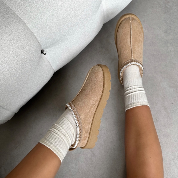 Rorie Sand Faux Suede Slippers | SIMMI London