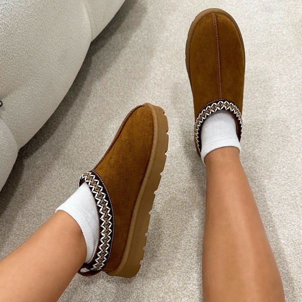 Rorie Tan Faux Suede Slippers | SIMMI London