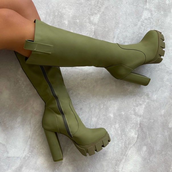 Rebeca Olive Green Platform Block Heel Calf Length Boots | SIMMI London