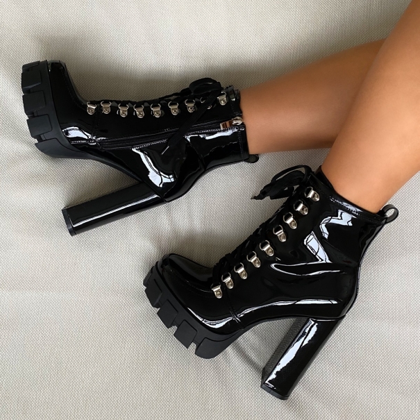 SIMMI SHOES / Jaslyn Black Patent Lace Up Platform Ankle Boots